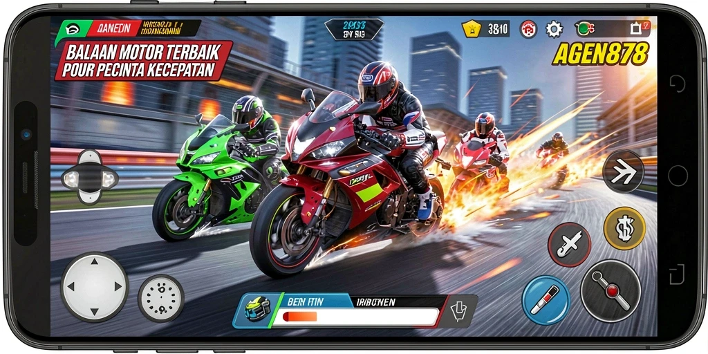 Screenshot AGEN878 menampilkan aksi balapan motor yang mendebarkan.