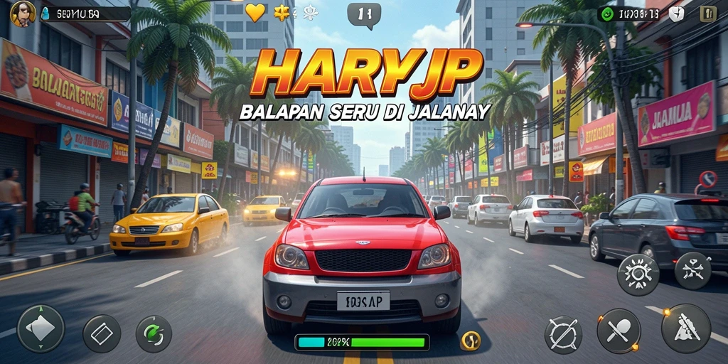 Screenshot utama HARAPJP menampilkan aksi balapan yang mendebarkan.