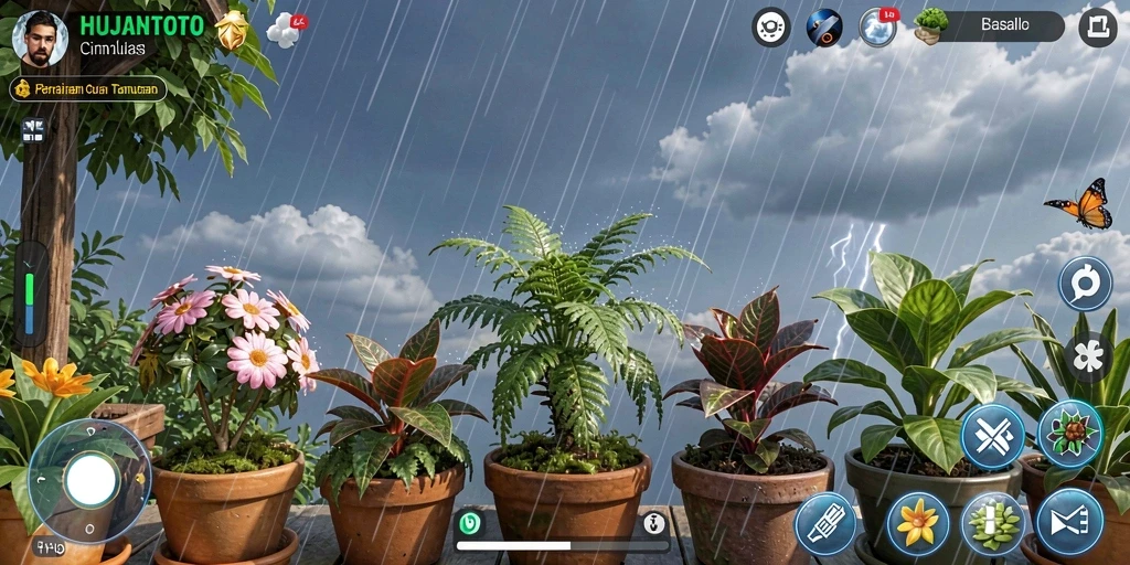Gameplay HUJANTOTO menunjukkan interaksi cuaca dan pertanian.