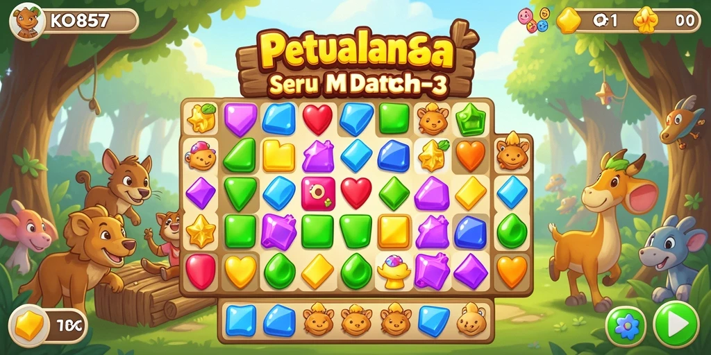 Tangkapan layar utama KO857 menampilkan gameplay Match-3 yang menggembirakan.