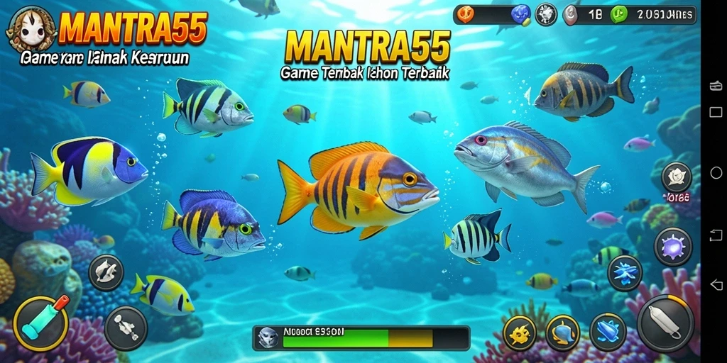 Screenshot gameplay MANTRA55 menampilkan aksi menembak ikan yang seru.