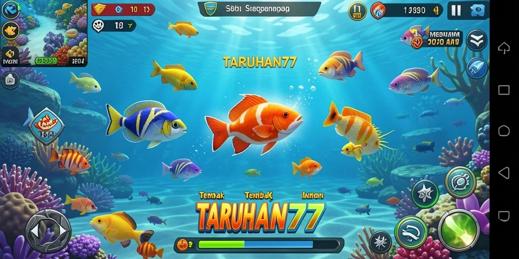 Screenshot TARUHAN77 menampilkan berbagai ikan berwarna-warni dalam aksi menembak.